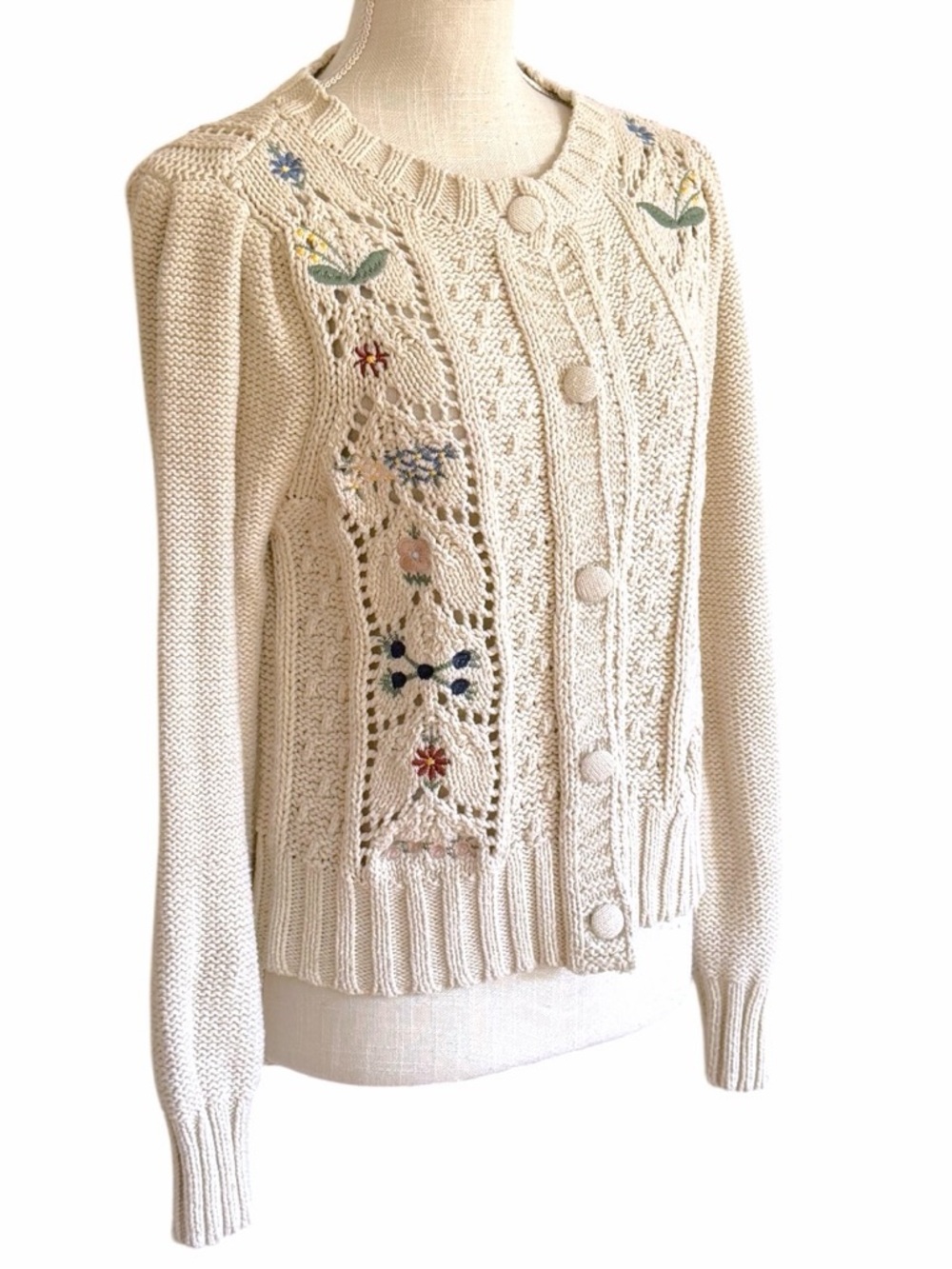 Lucky Brand Ivory Floral Embroidered Knit Cardigan Size M - Picture 3 of 12
